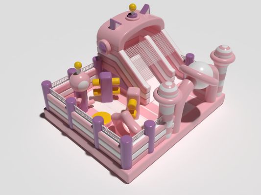 Pequeno inflável comercial castelo saltador parque de diversões interior rosa e branco